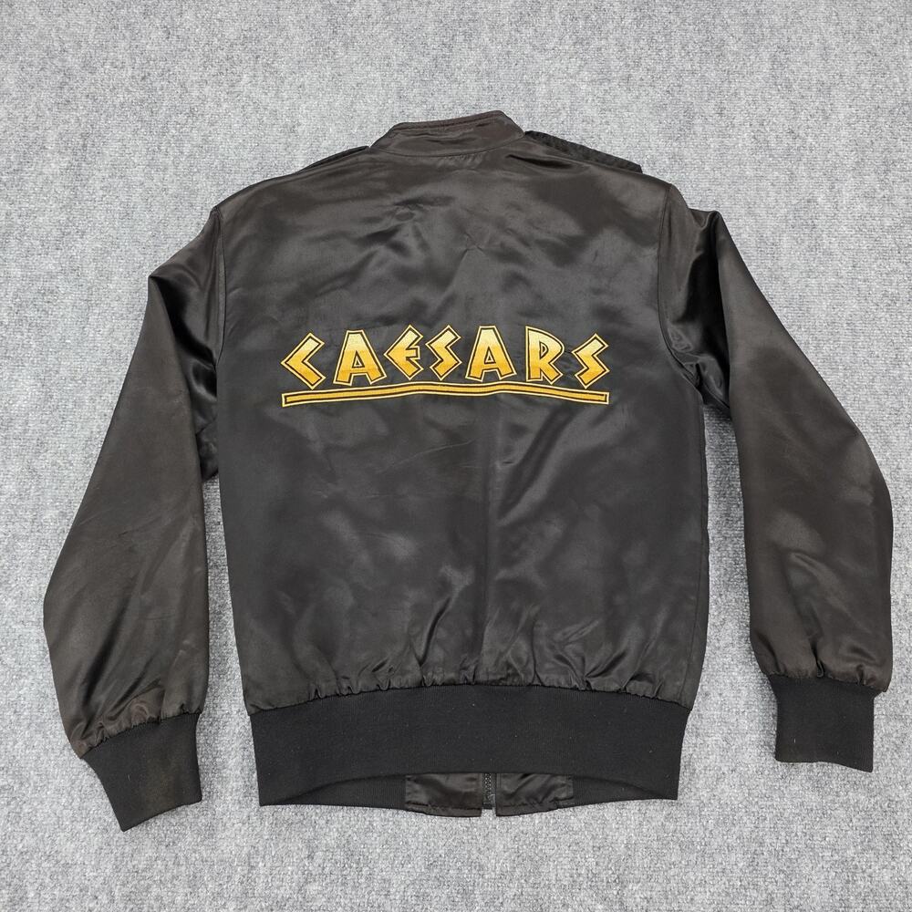 Vintage Caesars Jacket Mens Small Black Satin Bomber Embroidered Logo Casino 90s